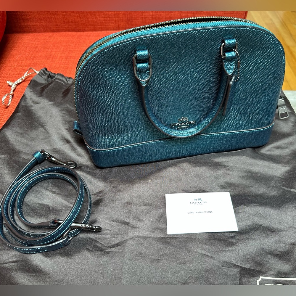 New Coach Sierra Dark Teal Metallic Leather Dome Satchel Bag